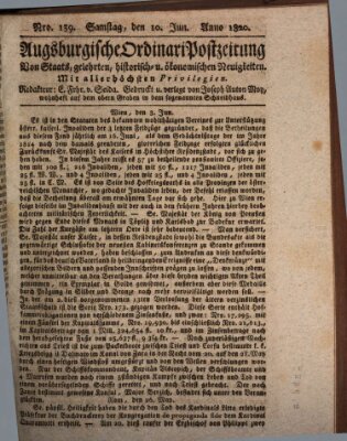 Augsburgische Ordinari Postzeitung von Staats-, gelehrten, historisch- u. ökonomischen Neuigkeiten (Augsburger Postzeitung) Samstag 10. Juni 1820