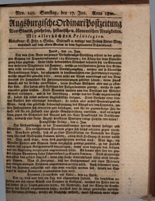 Augsburgische Ordinari Postzeitung von Staats-, gelehrten, historisch- u. ökonomischen Neuigkeiten (Augsburger Postzeitung) Samstag 17. Juni 1820