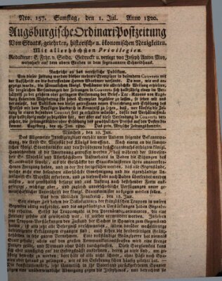 Augsburgische Ordinari Postzeitung von Staats-, gelehrten, historisch- u. ökonomischen Neuigkeiten (Augsburger Postzeitung) Samstag 1. Juli 1820