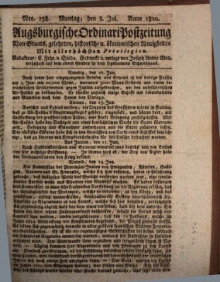 Augsburgische Ordinari Postzeitung von Staats-, gelehrten, historisch- u. ökonomischen Neuigkeiten (Augsburger Postzeitung) Montag 3. Juli 1820