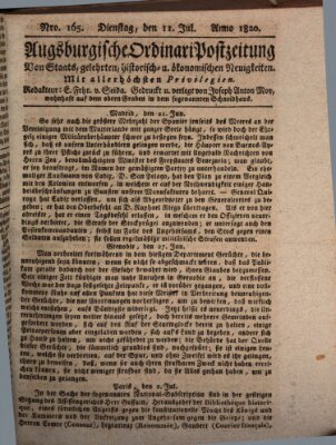 Augsburgische Ordinari Postzeitung von Staats-, gelehrten, historisch- u. ökonomischen Neuigkeiten (Augsburger Postzeitung) Dienstag 11. Juli 1820