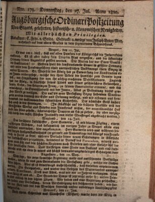 Augsburgische Ordinari Postzeitung von Staats-, gelehrten, historisch- u. ökonomischen Neuigkeiten (Augsburger Postzeitung) Donnerstag 27. Juli 1820