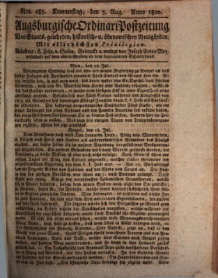 Augsburgische Ordinari Postzeitung von Staats-, gelehrten, historisch- u. ökonomischen Neuigkeiten (Augsburger Postzeitung) Donnerstag 3. August 1820