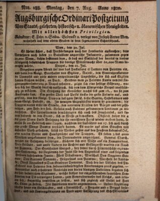 Augsburgische Ordinari Postzeitung von Staats-, gelehrten, historisch- u. ökonomischen Neuigkeiten (Augsburger Postzeitung) Montag 7. August 1820