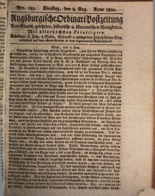 Augsburgische Ordinari Postzeitung von Staats-, gelehrten, historisch- u. ökonomischen Neuigkeiten (Augsburger Postzeitung) Dienstag 8. August 1820