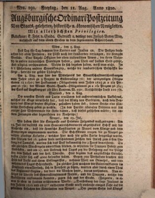 Augsburgische Ordinari Postzeitung von Staats-, gelehrten, historisch- u. ökonomischen Neuigkeiten (Augsburger Postzeitung) Freitag 11. August 1820