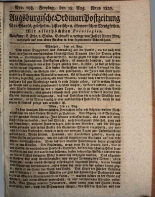 Augsburgische Ordinari Postzeitung von Staats-, gelehrten, historisch- u. ökonomischen Neuigkeiten (Augsburger Postzeitung) Freitag 18. August 1820