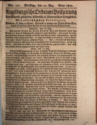 Augsburgische Ordinari Postzeitung von Staats-, gelehrten, historisch- u. ökonomischen Neuigkeiten (Augsburger Postzeitung) Dienstag 22. August 1820