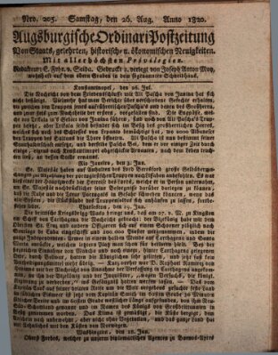 Augsburgische Ordinari Postzeitung von Staats-, gelehrten, historisch- u. ökonomischen Neuigkeiten (Augsburger Postzeitung) Samstag 26. August 1820