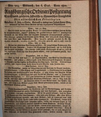 Augsburgische Ordinari Postzeitung von Staats-, gelehrten, historisch- u. ökonomischen Neuigkeiten (Augsburger Postzeitung) Mittwoch 6. September 1820