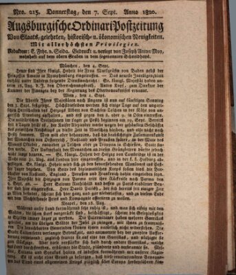 Augsburgische Ordinari Postzeitung von Staats-, gelehrten, historisch- u. ökonomischen Neuigkeiten (Augsburger Postzeitung) Donnerstag 7. September 1820