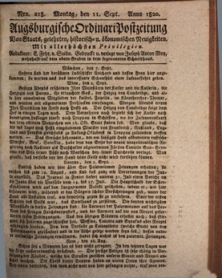 Augsburgische Ordinari Postzeitung von Staats-, gelehrten, historisch- u. ökonomischen Neuigkeiten (Augsburger Postzeitung) Montag 11. September 1820