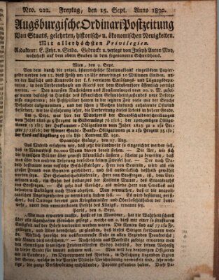 Augsburgische Ordinari Postzeitung von Staats-, gelehrten, historisch- u. ökonomischen Neuigkeiten (Augsburger Postzeitung) Freitag 15. September 1820