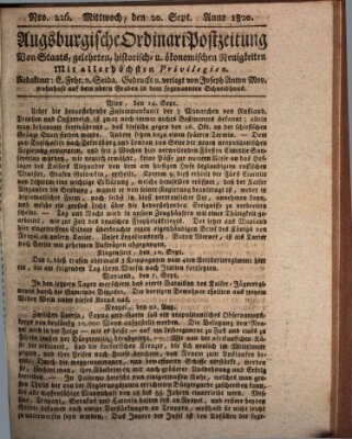 Augsburgische Ordinari Postzeitung von Staats-, gelehrten, historisch- u. ökonomischen Neuigkeiten (Augsburger Postzeitung) Mittwoch 20. September 1820