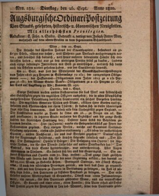 Augsburgische Ordinari Postzeitung von Staats-, gelehrten, historisch- u. ökonomischen Neuigkeiten (Augsburger Postzeitung) Dienstag 26. September 1820