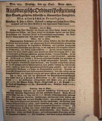 Augsburgische Ordinari Postzeitung von Staats-, gelehrten, historisch- u. ökonomischen Neuigkeiten (Augsburger Postzeitung) Freitag 29. September 1820