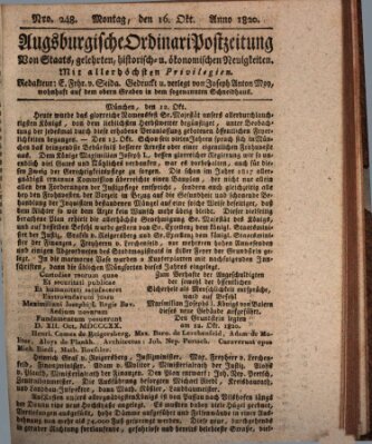 Augsburgische Ordinari Postzeitung von Staats-, gelehrten, historisch- u. ökonomischen Neuigkeiten (Augsburger Postzeitung) Montag 16. Oktober 1820