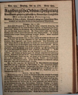 Augsburgische Ordinari Postzeitung von Staats-, gelehrten, historisch- u. ökonomischen Neuigkeiten (Augsburger Postzeitung) Freitag 20. Oktober 1820