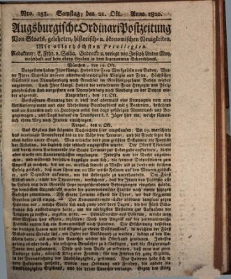 Augsburgische Ordinari Postzeitung von Staats-, gelehrten, historisch- u. ökonomischen Neuigkeiten (Augsburger Postzeitung) Samstag 21. Oktober 1820