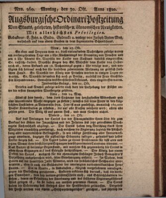 Augsburgische Ordinari Postzeitung von Staats-, gelehrten, historisch- u. ökonomischen Neuigkeiten (Augsburger Postzeitung) Montag 30. Oktober 1820