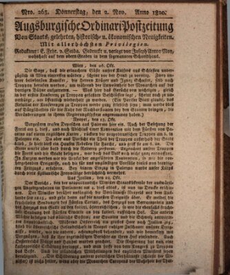 Augsburgische Ordinari Postzeitung von Staats-, gelehrten, historisch- u. ökonomischen Neuigkeiten (Augsburger Postzeitung) Donnerstag 2. November 1820