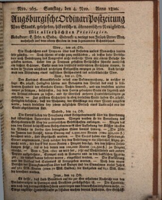 Augsburgische Ordinari Postzeitung von Staats-, gelehrten, historisch- u. ökonomischen Neuigkeiten (Augsburger Postzeitung) Samstag 4. November 1820