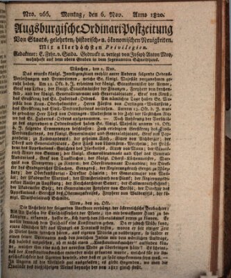 Augsburgische Ordinari Postzeitung von Staats-, gelehrten, historisch- u. ökonomischen Neuigkeiten (Augsburger Postzeitung) Montag 6. November 1820