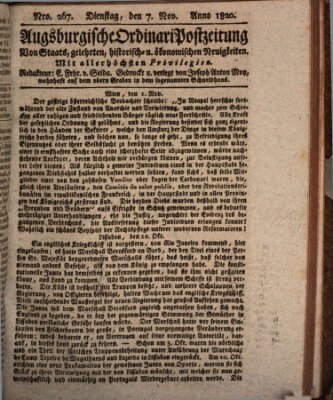 Augsburgische Ordinari Postzeitung von Staats-, gelehrten, historisch- u. ökonomischen Neuigkeiten (Augsburger Postzeitung) Dienstag 7. November 1820