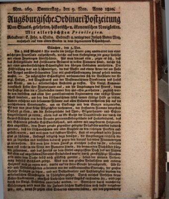 Augsburgische Ordinari Postzeitung von Staats-, gelehrten, historisch- u. ökonomischen Neuigkeiten (Augsburger Postzeitung) Donnerstag 9. November 1820