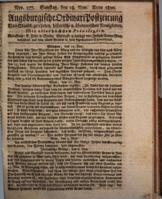 Augsburgische Ordinari Postzeitung von Staats-, gelehrten, historisch- u. ökonomischen Neuigkeiten (Augsburger Postzeitung) Samstag 18. November 1820