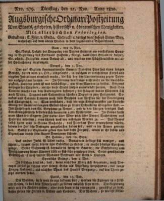 Augsburgische Ordinari Postzeitung von Staats-, gelehrten, historisch- u. ökonomischen Neuigkeiten (Augsburger Postzeitung) Dienstag 21. November 1820