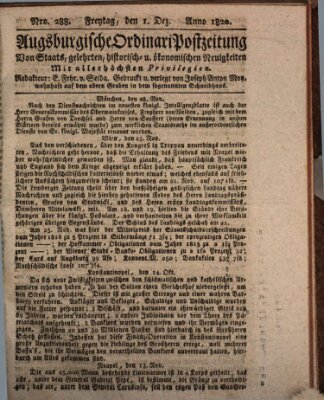 Augsburgische Ordinari Postzeitung von Staats-, gelehrten, historisch- u. ökonomischen Neuigkeiten (Augsburger Postzeitung) Freitag 1. Dezember 1820