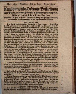 Augsburgische Ordinari Postzeitung von Staats-, gelehrten, historisch- u. ökonomischen Neuigkeiten (Augsburger Postzeitung) Samstag 2. Dezember 1820