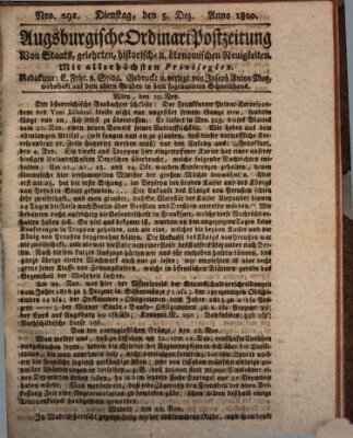 Augsburgische Ordinari Postzeitung von Staats-, gelehrten, historisch- u. ökonomischen Neuigkeiten (Augsburger Postzeitung) Dienstag 5. Dezember 1820