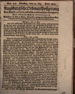 Augsburgische Ordinari Postzeitung von Staats-, gelehrten, historisch- u. ökonomischen Neuigkeiten (Augsburger Postzeitung) Dienstag 19. Dezember 1820