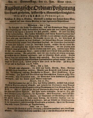 Augsburgische Ordinari Postzeitung von Staats-, gelehrten, historisch- u. ökonomischen Neuigkeiten (Augsburger Postzeitung) Donnerstag 11. Januar 1821