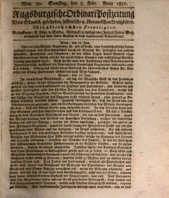 Augsburgische Ordinari Postzeitung von Staats-, gelehrten, historisch- u. ökonomischen Neuigkeiten (Augsburger Postzeitung) Samstag 3. Februar 1821