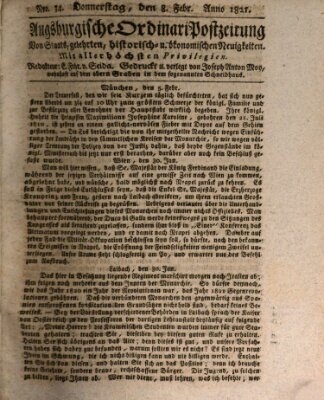 Augsburgische Ordinari Postzeitung von Staats-, gelehrten, historisch- u. ökonomischen Neuigkeiten (Augsburger Postzeitung) Donnerstag 8. Februar 1821