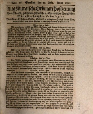 Augsburgische Ordinari Postzeitung von Staats-, gelehrten, historisch- u. ökonomischen Neuigkeiten (Augsburger Postzeitung) Samstag 10. Februar 1821