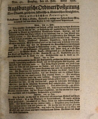 Augsburgische Ordinari Postzeitung von Staats-, gelehrten, historisch- u. ökonomischen Neuigkeiten (Augsburger Postzeitung) Freitag 16. Februar 1821