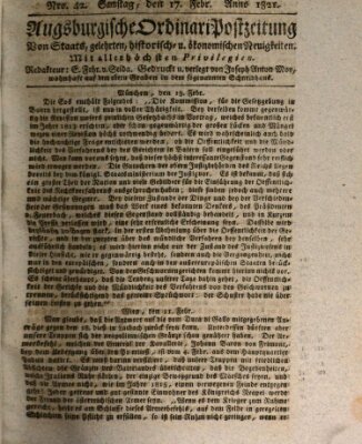 Augsburgische Ordinari Postzeitung von Staats-, gelehrten, historisch- u. ökonomischen Neuigkeiten (Augsburger Postzeitung) Samstag 17. Februar 1821