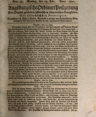 Augsburgische Ordinari Postzeitung von Staats-, gelehrten, historisch- u. ökonomischen Neuigkeiten (Augsburger Postzeitung) Montag 19. Februar 1821