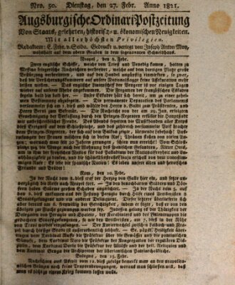 Augsburgische Ordinari Postzeitung von Staats-, gelehrten, historisch- u. ökonomischen Neuigkeiten (Augsburger Postzeitung) Dienstag 27. Februar 1821