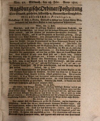 Augsburgische Ordinari Postzeitung von Staats-, gelehrten, historisch- u. ökonomischen Neuigkeiten (Augsburger Postzeitung) Mittwoch 28. Februar 1821