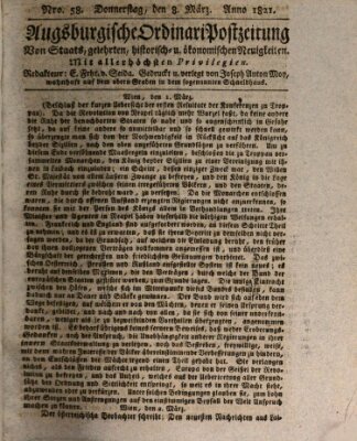 Augsburgische Ordinari Postzeitung von Staats-, gelehrten, historisch- u. ökonomischen Neuigkeiten (Augsburger Postzeitung) Donnerstag 8. März 1821