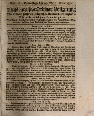 Augsburgische Ordinari Postzeitung von Staats-, gelehrten, historisch- u. ökonomischen Neuigkeiten (Augsburger Postzeitung) Donnerstag 29. März 1821