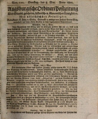 Augsburgische Ordinari Postzeitung von Staats-, gelehrten, historisch- u. ökonomischen Neuigkeiten (Augsburger Postzeitung) Dienstag 8. Mai 1821