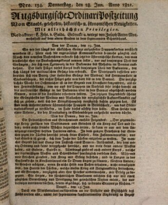 Augsburgische Ordinari Postzeitung von Staats-, gelehrten, historisch- u. ökonomischen Neuigkeiten (Augsburger Postzeitung) Donnerstag 28. Juni 1821