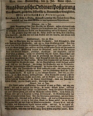 Augsburgische Ordinari Postzeitung von Staats-, gelehrten, historisch- u. ökonomischen Neuigkeiten (Augsburger Postzeitung) Donnerstag 5. Juli 1821