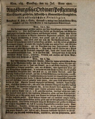 Augsburgische Ordinari Postzeitung von Staats-, gelehrten, historisch- u. ökonomischen Neuigkeiten (Augsburger Postzeitung) Samstag 14. Juli 1821